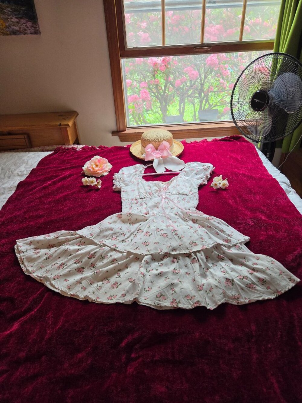 ADORABLE FLORAL BABYDOLL WITH PINK SATIN RIBBONS AND PEPLUM OVERLAY SMALL-MEDIUM